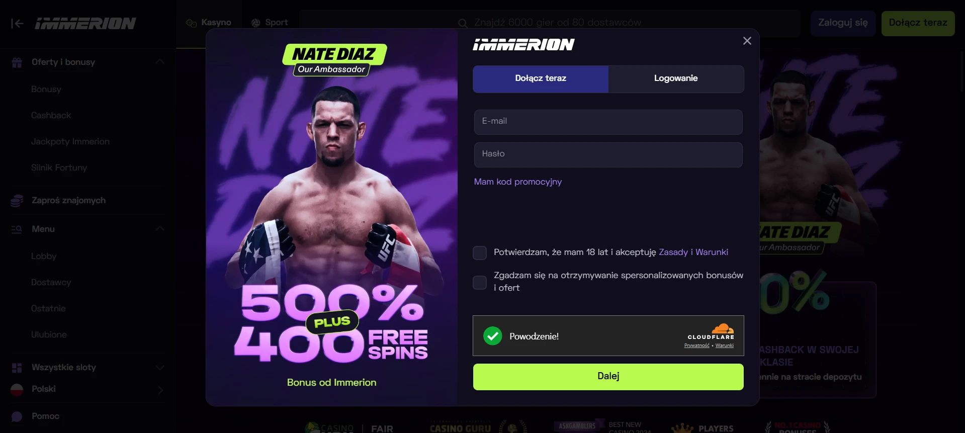 Rejestracja w Immerion Casino krok 2