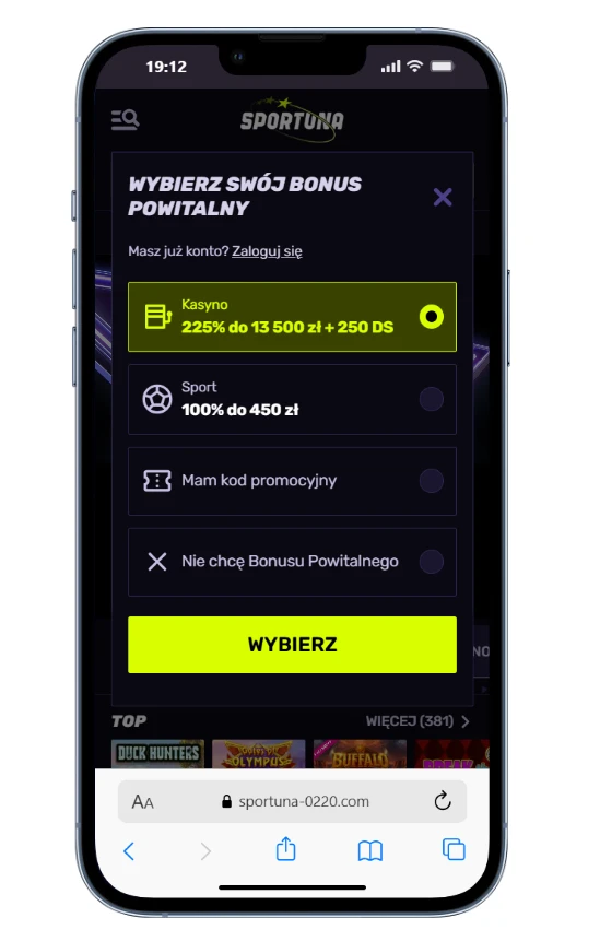 Sportuna Casino rejestracja krok 2