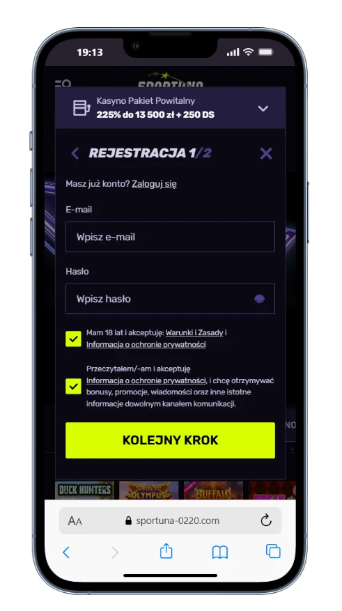 Sportuna Casino rejestracja krok 3