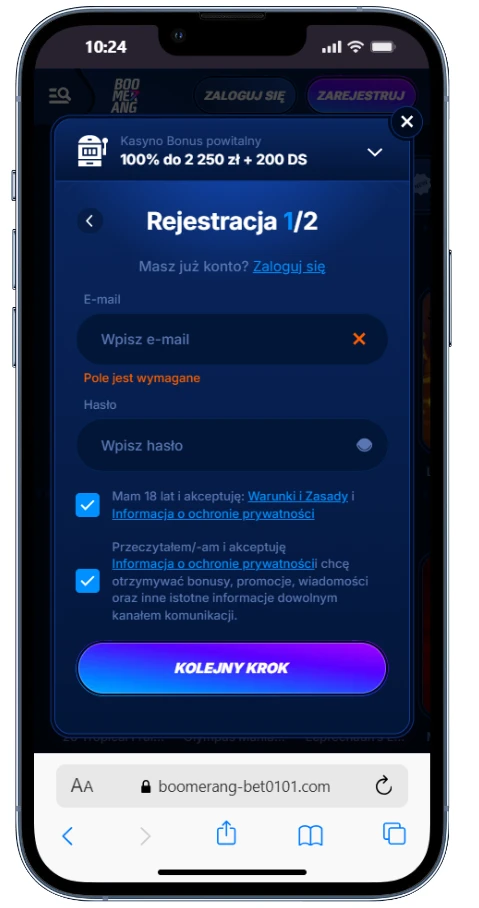 Boomerang Bet rejestracja krok 3
