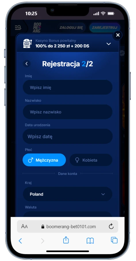 Boomerang Bet rejestracja krok 4